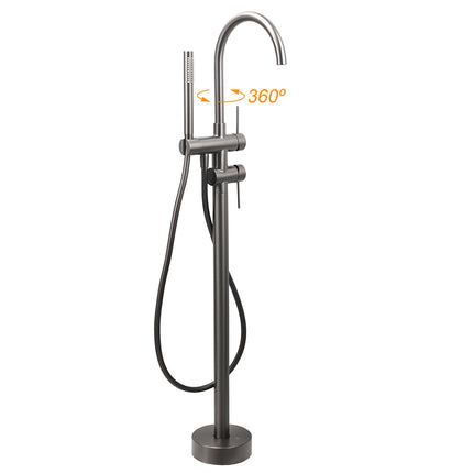Gun Metal Bathtub Mixer Tap Free Standing Faucet Spout With Handheld Shower Set.