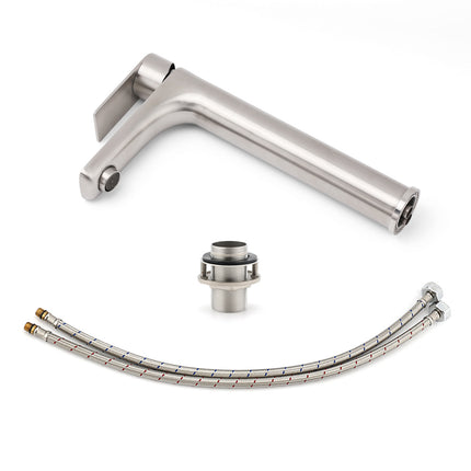 Brushed Nickel Rounded Edge Tall Basin Mixer Kitchen Vanity Faucet Tap Spout Set.