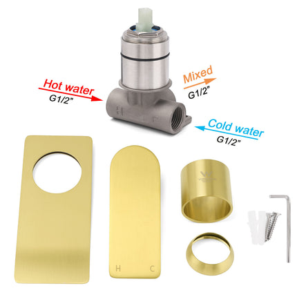 Rectangle Brushed Gold Shower Mixer Hot Cold Tapware Ceramic Cartridge Component.