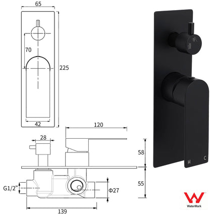 Watermark Matt Black Square Bathroom Shower Mixer 2-Way Control Switch Diverter.