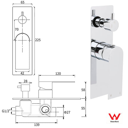 Watermark Chrome Square Shower Mixer Diverter Tap Valve For Shower Combo Spout.