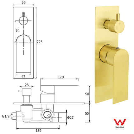 Brushed Gold Bathroom Square Concealed Shower Mixer Diverter Switch Wall Mounnt.