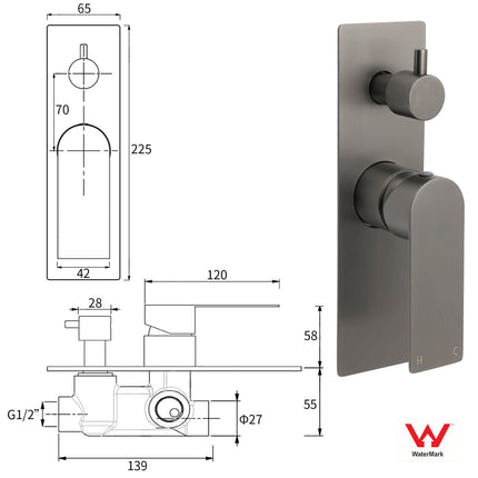 Gun Metal Grey Square Wall Mounted Shower Mixer Diverter 2 Ways Switch Valve Set.
