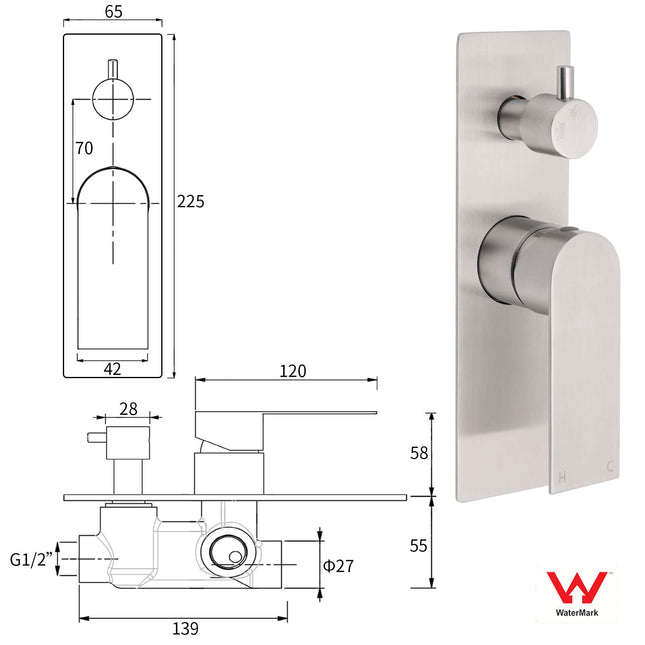 Brushed Nickel Silver Square Stylish 1/2inch Shower Mixer Diverter 2 Way Switch.
