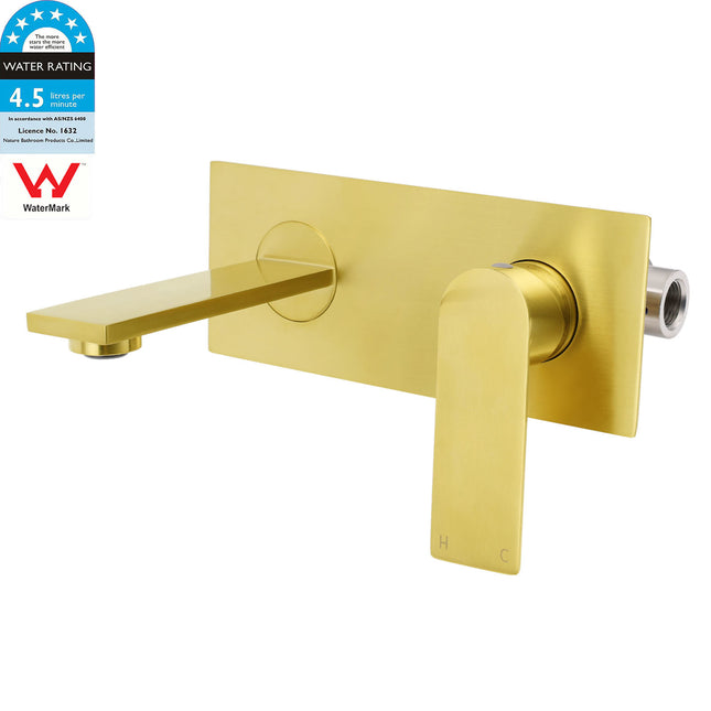Brushed Gold Cubic Square Wall Mount Basin Mixer Laundry Tap Spout Vanity Faucet.