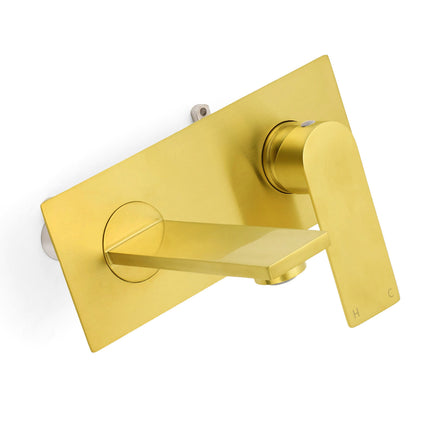 Brushed Gold Cubic Square Wall Mount Basin Mixer Laundry Tap Spout Vanity Faucet.