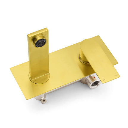 Brushed Gold Cubic Square Wall Mount Basin Mixer Laundry Tap Spout Vanity Faucet.