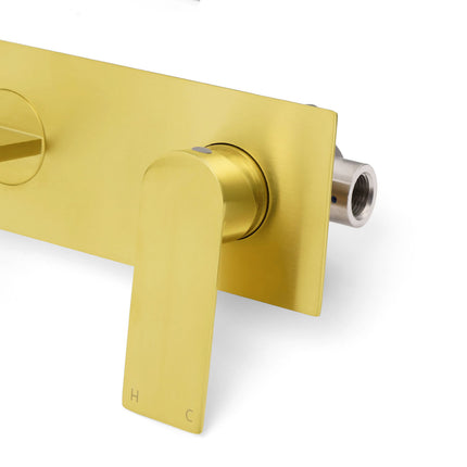 Brushed Gold Cubic Square Wall Mount Basin Mixer Laundry Tap Spout Vanity Faucet.