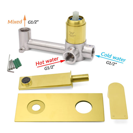 Brushed Gold Cubic Square Wall Mount Basin Mixer Laundry Tap Spout Vanity Faucet.