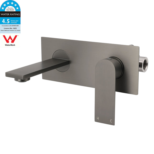 WELS 4.5L/m Gun Metal Square Wall Mount Basin Mixer Laundry Faucet Tap Spout Set.