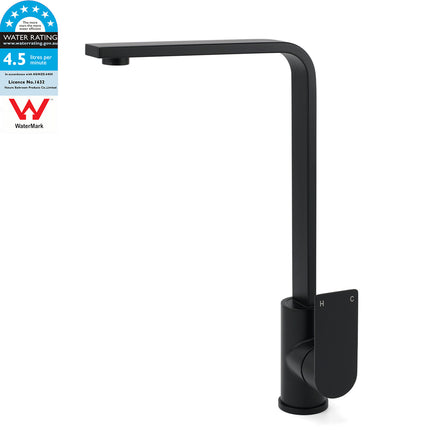 WELS Matte Black High Rise Gooseneck Kitchen Sink Laundry Mixer Faucet Tapware.