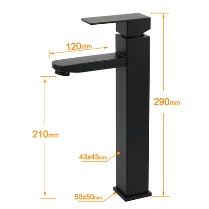 Matt Black Tall Square Basin Mixer Vanity Laundry Counter Sink Faucet Tap Outlet.