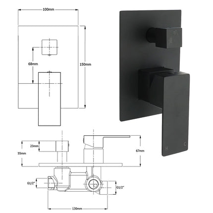 Matt Black Square Stainless Steel Shower Mixer 2 Way Bath Set Diverter Watermark.