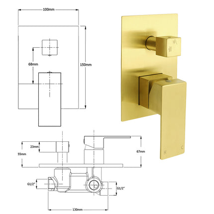 Watermark 1/2 Inch Shower Mixer Diverter Brushed Gold Square Stainless Steel Set.