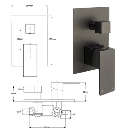 Gun Metal Square Stainless Steel Bath Shower Mixer 2 Way Switch Diverter Watermark.