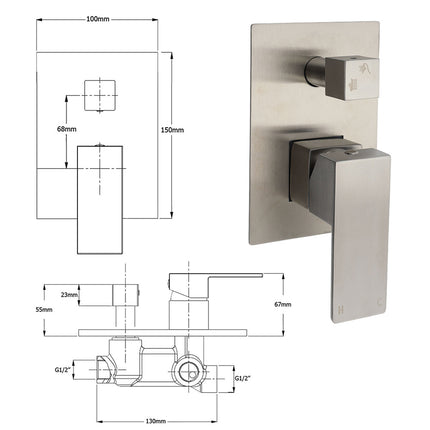 AU Standard 1/2 Inch Shower Mixer Diverter Brushed Nickel Square 2 Way Switch.
