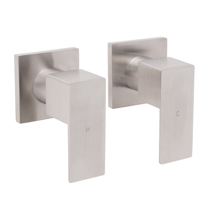 Brushed Nickel Square 1/4 Turn Wall Mounted Twin Taps For Shower Bath Spout Set.