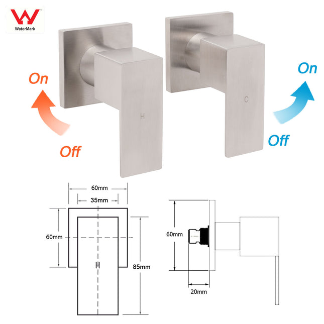 Brushed Nickel Square 1/4 Turn Wall Mounted Twin Taps For Shower Bath Spout Set.