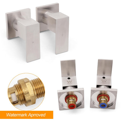 Brushed Nickel Square 1/4 Turn Wall Mounted Twin Taps For Shower Bath Spout Set.