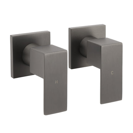 Gun Metal Grey Square 1/4 Quarter Turn Wall Twin Taps For Shower Basin Spout Set.