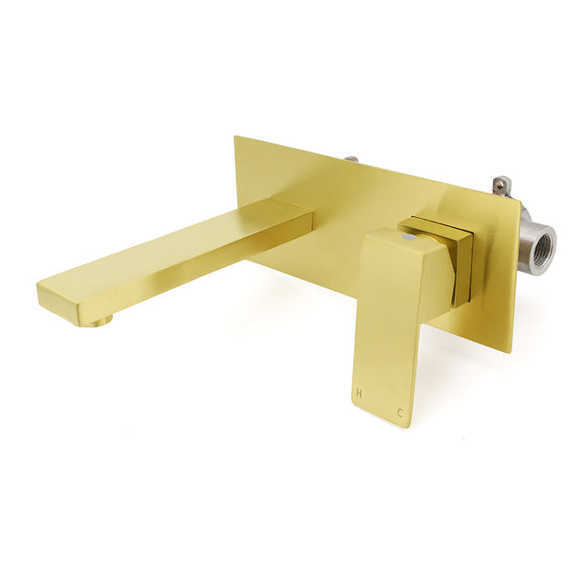 Brushed Gold Square Wall Mount Basin Mixer Laundry Vanity Tap Spout Faucet Set.