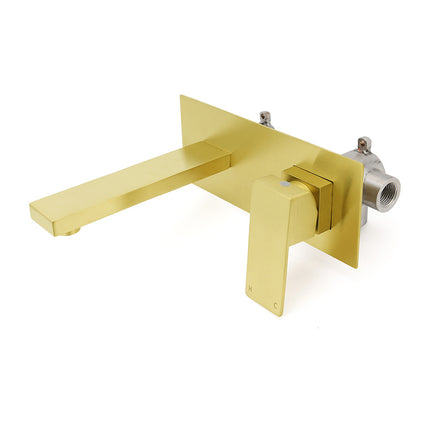 Brushed Gold Square Wall Mount Basin Mixer Laundry Vanity Tap Spout Faucet Set.