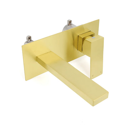 Brushed Gold Square Wall Mount Basin Mixer Laundry Vanity Tap Spout Faucet Set.