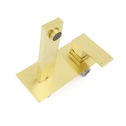 Brushed Gold Square Wall Mount Basin Mixer Laundry Vanity Tap Spout Faucet Set.