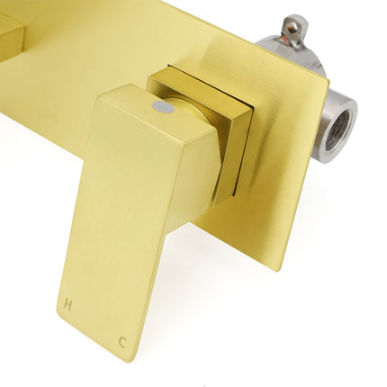 Brushed Gold Square Wall Mount Basin Mixer Laundry Vanity Tap Spout Faucet Set.