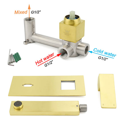 Brushed Gold Square Wall Mount Basin Mixer Laundry Vanity Tap Spout Faucet Set.