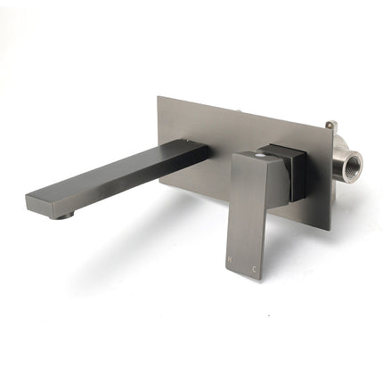 WELS Gun Metal Square Wall Mount Basin Mixer Laundry Vanity Tap Spout Faucet Set.