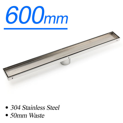 304 Stainless Steel 600mm Tile Insert Linear Shower Grate Floor Drain 50mm Waste.