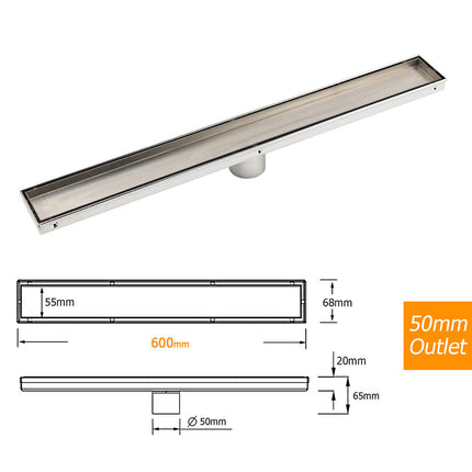 304 Stainless Steel 600mm Tile Insert Linear Shower Grate Floor Drain 50mm Waste.