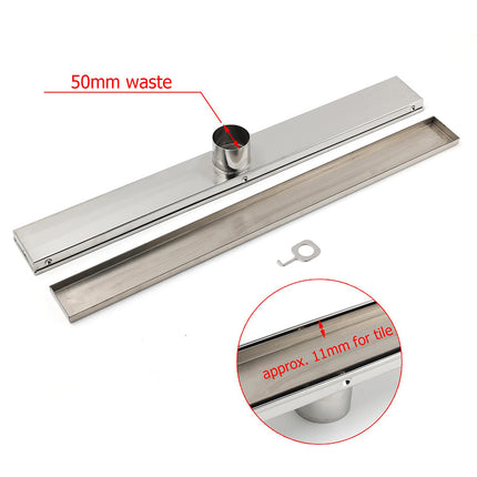 304 Stainless Steel 600mm Tile Insert Linear Shower Grate Floor Drain 50mm Waste.