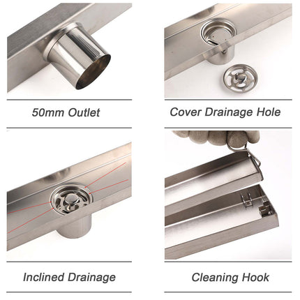WaterMark Brushed Steel 900mm Tile Insert Shower Grate Floor Drain 50mm Outlet.