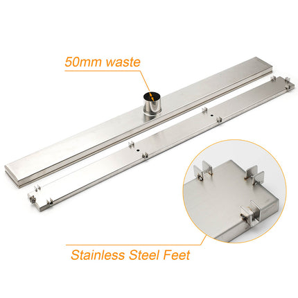 WaterMark Brushed Steel 900mm Tile Insert Shower Grate Floor Drain 50mm Outlet.