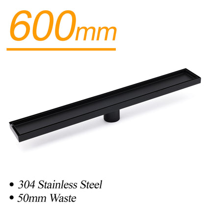 Matt Black 600mm Tile Insert Linear Shower Grate Floor Drain 50mm Waste Outlet.