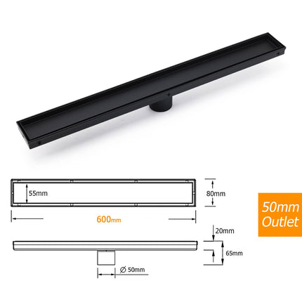 Matt Black 600mm Tile Insert Linear Shower Grate Floor Drain 50mm Waste Outlet.