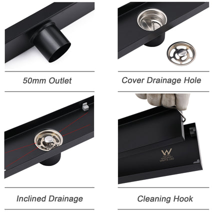Matt Black 600mm Tile Insert Linear Shower Grate Floor Drain 50mm Waste Outlet.