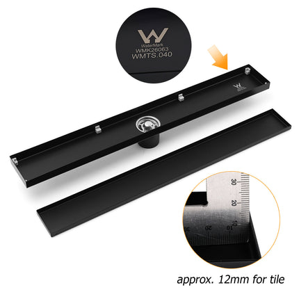 Matt Black 600mm Tile Insert Linear Shower Grate Floor Drain 50mm Waste Outlet.