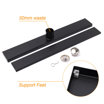 Matt Black 600mm Tile Insert Linear Shower Grate Floor Drain 50mm Waste Outlet.