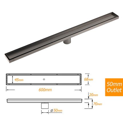 Gun Metal Tile Insert 600mm Linear Shower Grate Floor Drain 50mm Waste Outlet.