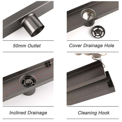 Gun Metal Bathroom Tile Insert 800mm Linear Shower Grate Floor Drain 50mm Waste.
