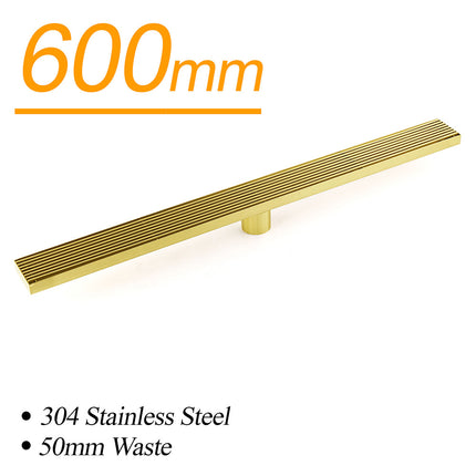 Brushed Gold 304 SUS 600mm Strip Fence Sword Shower Grate Floor Drain 50mm Waste.