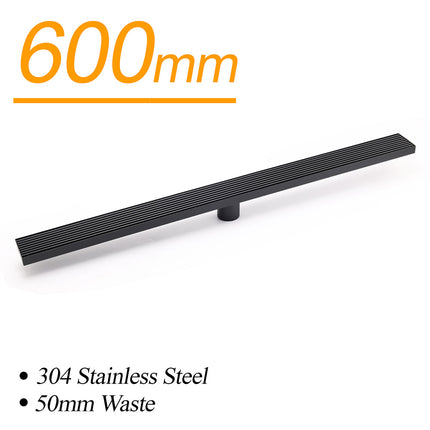 Matt Black 600mm Strip Fence Sword Shower Grate Floor Drain 50mm Waste Outlet.