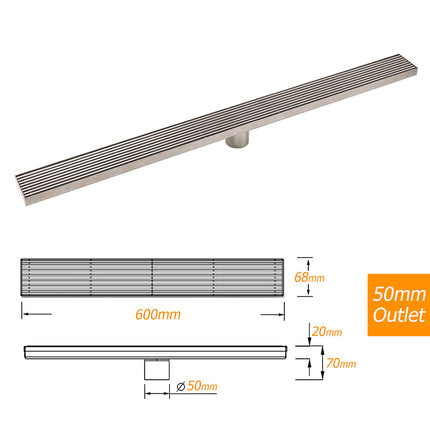 Chrome Stainless Steel Shower Grate 600mm Sword Fence Floor Drain 50mm Outlet.