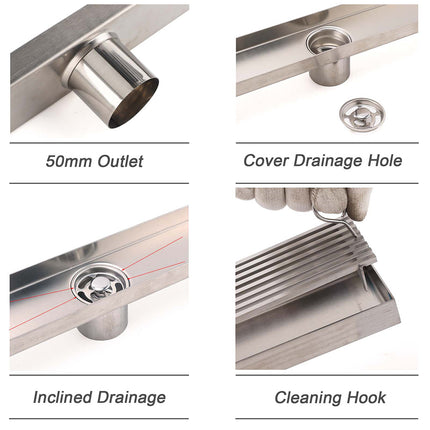 Chrome Stainless Steel Shower Grate 600mm Sword Fence Floor Drain 50mm Outlet.