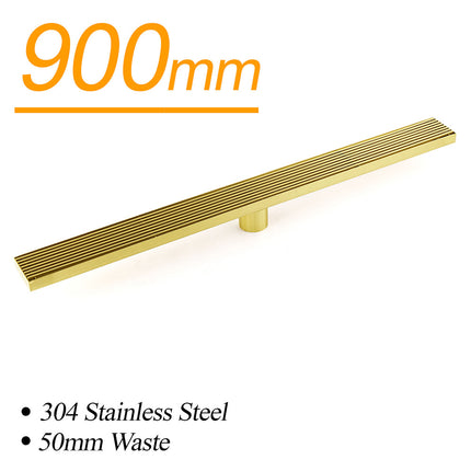 Brushed Gold SUS 900mm Strip Fence Bathroom Floor Shower Grate Drain 50mm Outlet.