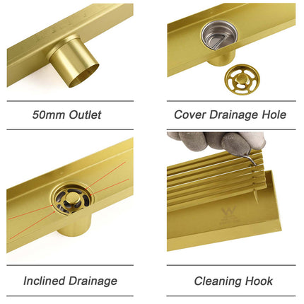 Brushed Gold SUS 900mm Strip Fence Bathroom Floor Shower Grate Drain 50mm Outlet.