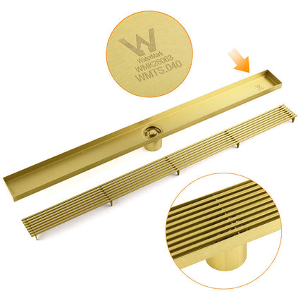 Brushed Gold SUS 900mm Strip Fence Bathroom Floor Shower Grate Drain 50mm Outlet.